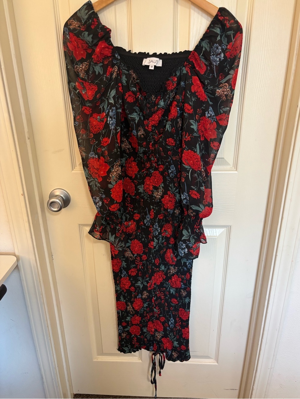 JAUS Black Red Floral Smocked Midi Dress Puff Sleeve Bodycon cocktail semi forma - Picture 2 of 10